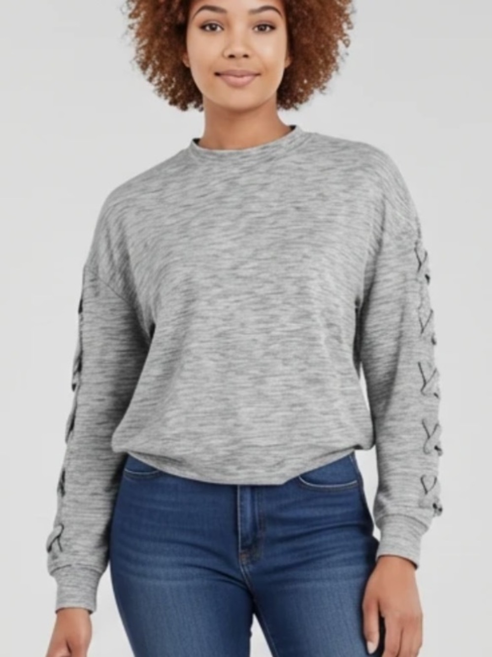 For The Republic Heather Gray Long Sleeve Lace-Up Sleeve Top